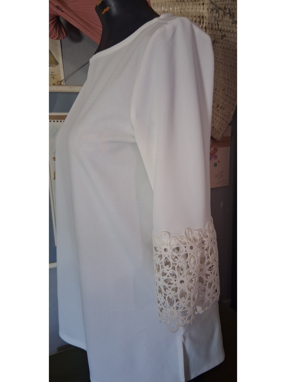 Ann Taylor White Boatneck Tunic with Lace Bell Sleeves
